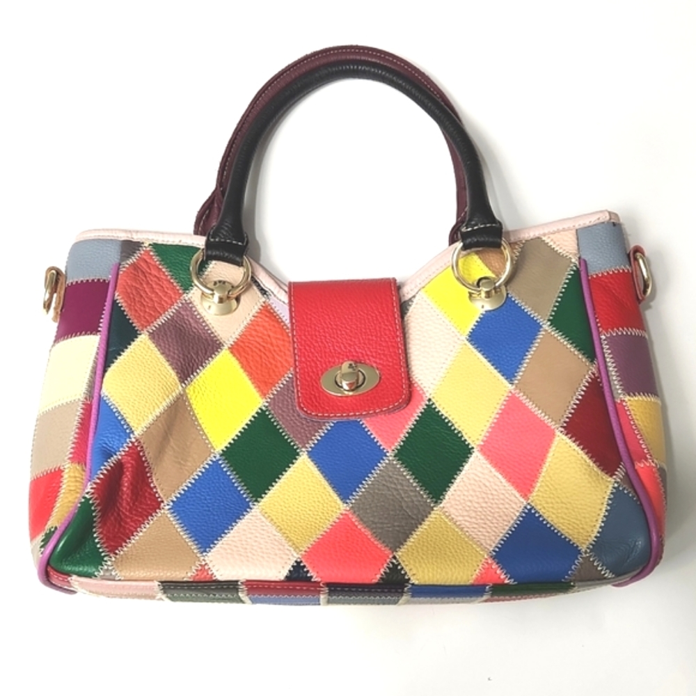 HESHE Patchwork Diamond Block Genuine Leather Handbag